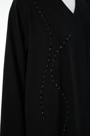 Black Farah Crepe Custom Abaya with Front Multi-Line Beadwork and V-Neck Finish