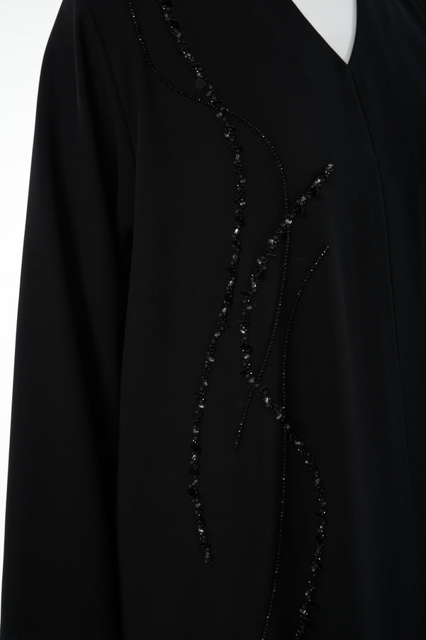 Black Farah Crepe Custom Abaya with Front Multi-Line Beadwork and V-Neck Finish