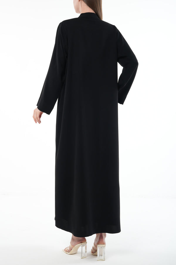 Black Farah Crepe Custom Abaya with Front Multi-Line Beadwork and V-Neck Finish