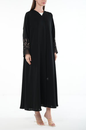 Black Classic Nada Custom Abaya with Sleeve Pintucks and Organza Trim