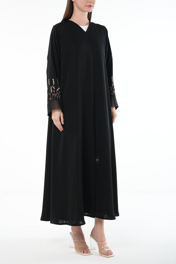 Black Classic Nada Custom Abaya with Sleeve Pintucks and Organza Trim