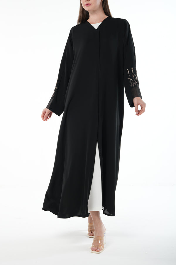Black Classic Nada Custom Abaya with Sleeve Pintucks and Organza Trim