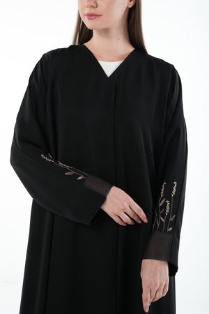 Black Classic Nada Custom Abaya with Sleeve Pintucks and Organza Trim