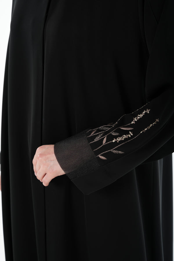 Black Classic Nada Custom Abaya with Sleeve Pintucks and Organza Trim