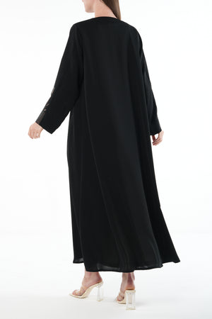 Black Classic Nada Custom Abaya with Sleeve Pintucks and Organza Trim
