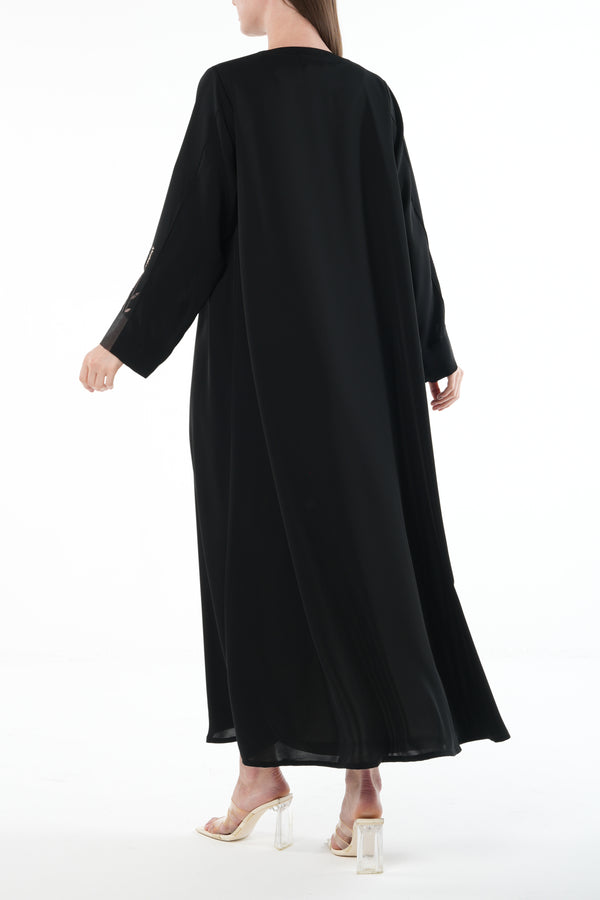 Black Classic Nada Custom Abaya with Sleeve Pintucks and Organza Trim