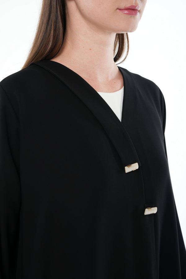 Black Wave Crepe Abaya with Overlap and Handwork Detail - Posh Abaya