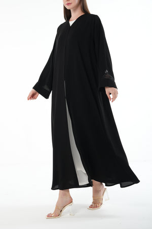 Black Claire Crepe Abaya with Organza Sleeve Detail and Clean Finish