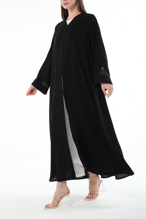 Black Claire Crepe Abaya with Organza Sleeve Detail and Clean Finish