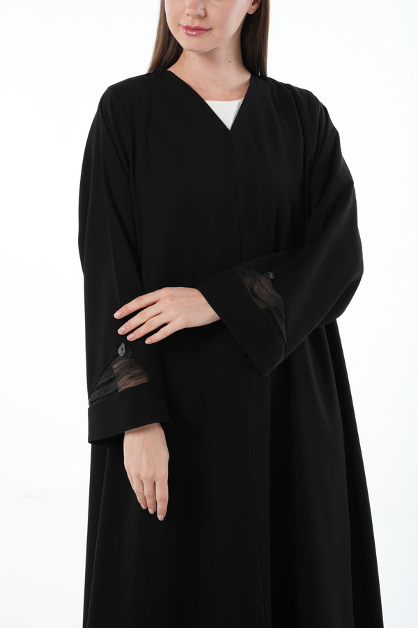 Black Claire Crepe Abaya with Organza Sleeve Detail and Clean Finish