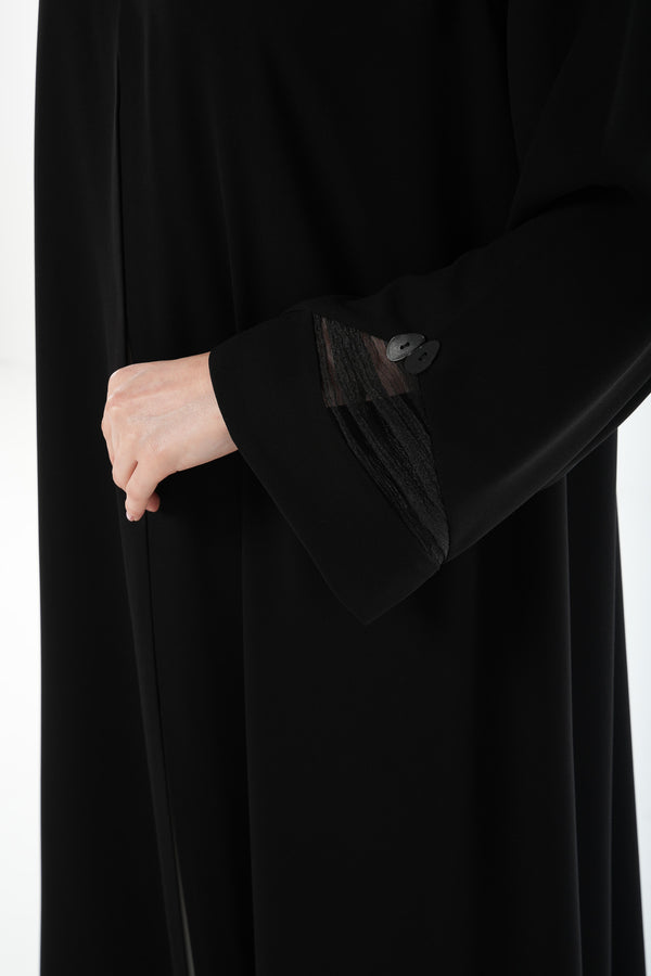 Black Claire Crepe Abaya with Organza Sleeve Detail and Clean Finish