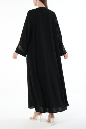 Black Claire Crepe Abaya with Organza Sleeve Detail and Clean Finish