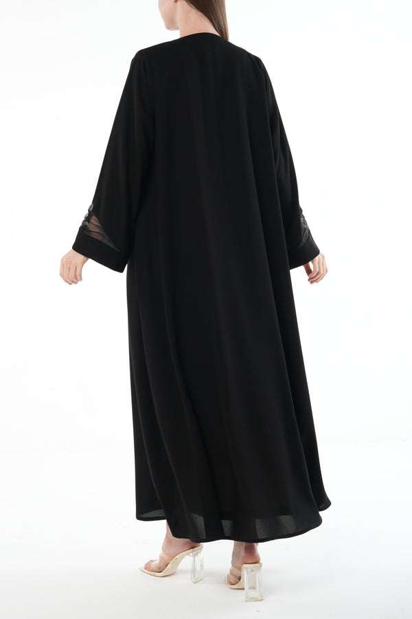 Black Claire Crepe Abaya with Organza Sleeve Detail and Clean Finish