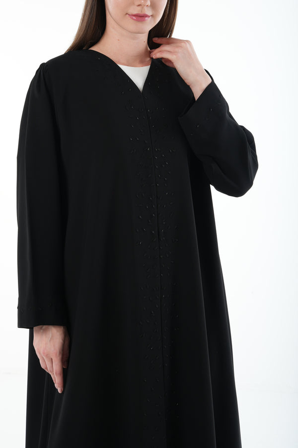 Black Wave Crepe Custom Abaya with Beadwork Embroidery