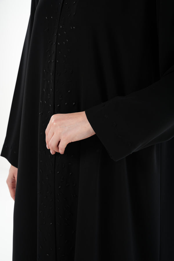 Black Wave Crepe Custom Abaya with Beadwork Embroidery
