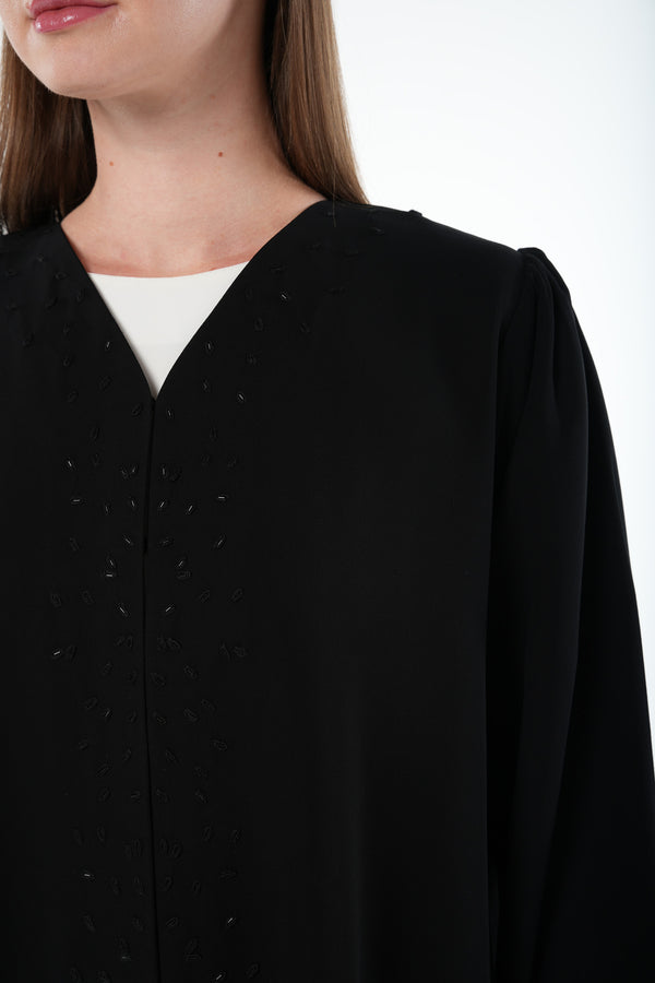 Black Wave Crepe Custom Abaya with Beadwork Embroidery