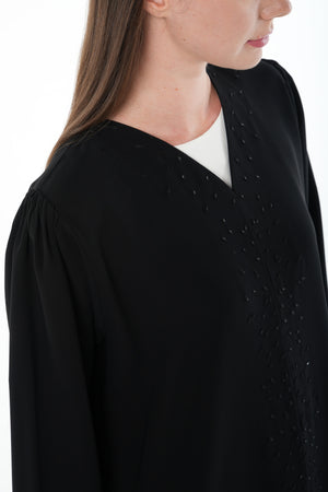 Black Wave Crepe Custom Abaya with Beadwork Embroidery