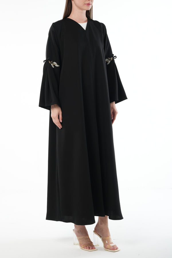 Black Emarati Crepe Custom Abaya with Gold Sleeve Embroidery and Tie Finish