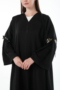 Black Emarati Crepe Custom Abaya with Gold Sleeve Embroidery and Tie Finish
