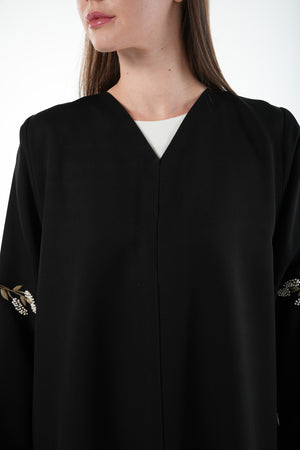 Black Emarati Crepe Custom Abaya with Gold Sleeve Embroidery and Tie Finish