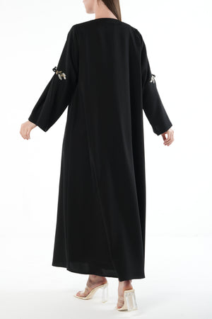 Black Emarati Crepe Custom Abaya with Gold Sleeve Embroidery and Tie Finish