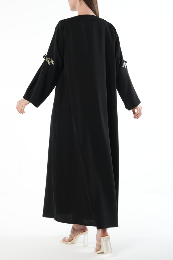 Black Emarati Crepe Custom Abaya with Gold Sleeve Embroidery and Tie Finish