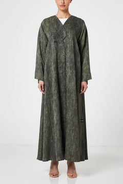 Green flora jaquard Abaya, Front Embroidery Detail