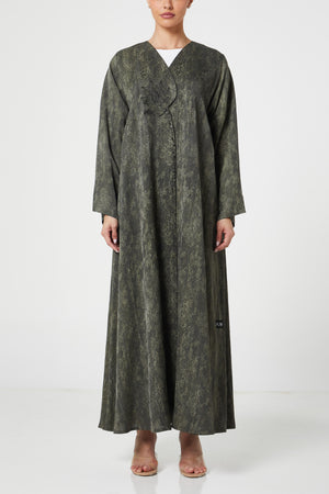 Green flora jaquard Abaya, Front Embroidery Detail