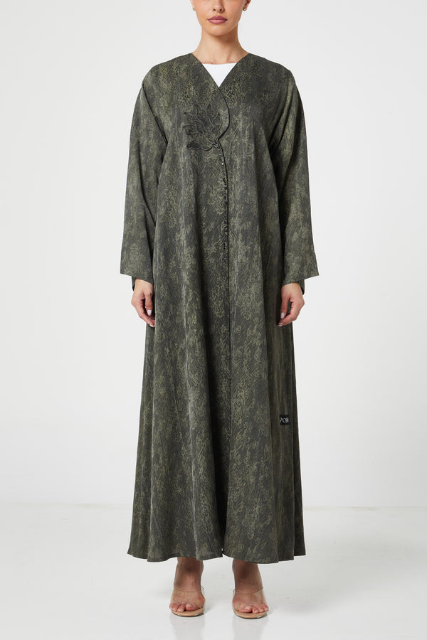 Green flora jaquard Abaya, Front Embroidery Detail