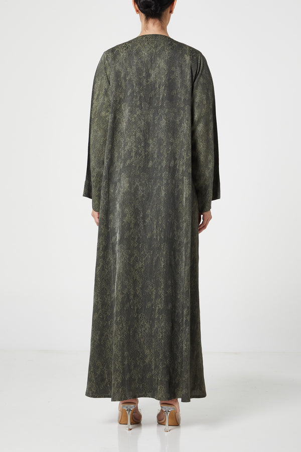 Green flora jaquard Abaya, Front Embroidery Detail