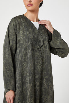 Green Flora Jaquard Abaya, Front Embroidery Detail
