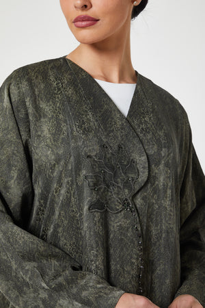Green flora jaquard Abaya, Front Embroidery Detail