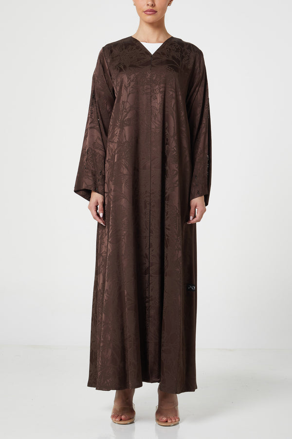 Brown shaina jacquard Abaya, Front Beadwork Detail