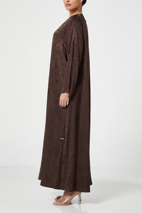 Brown shaina jacquard Abaya, Front Beadwork Detail