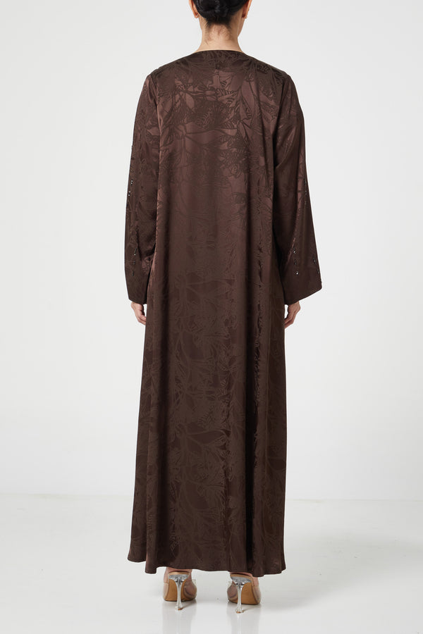 Brown shaina jacquard Abaya, Front Beadwork Detail