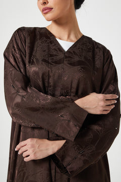 Brown Shaina Jacquard Abaya, Front Beadwork Detail