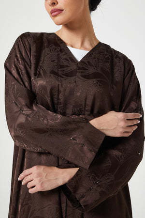 Brown shaina jacquard Abaya, Front Beadwork Detail