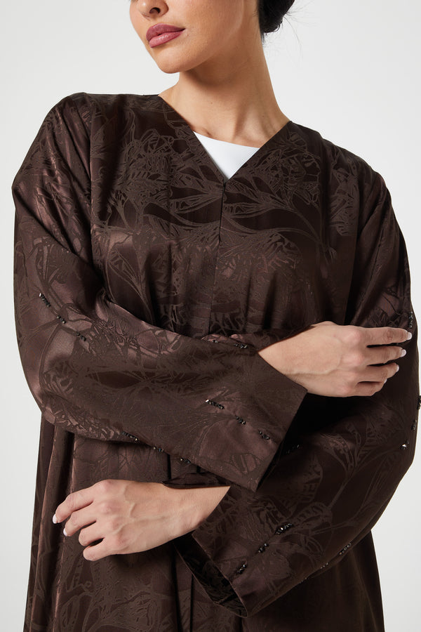 Brown shaina jacquard Abaya, Front Beadwork Detail
