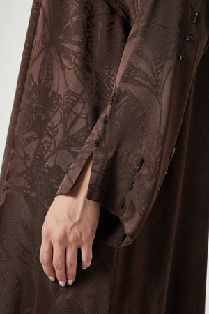 Brown shaina jacquard Abaya, Front Beadwork Detail