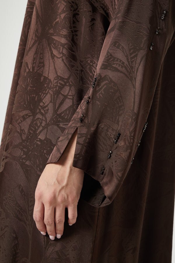 Brown shaina jacquard Abaya, Front Beadwork Detail