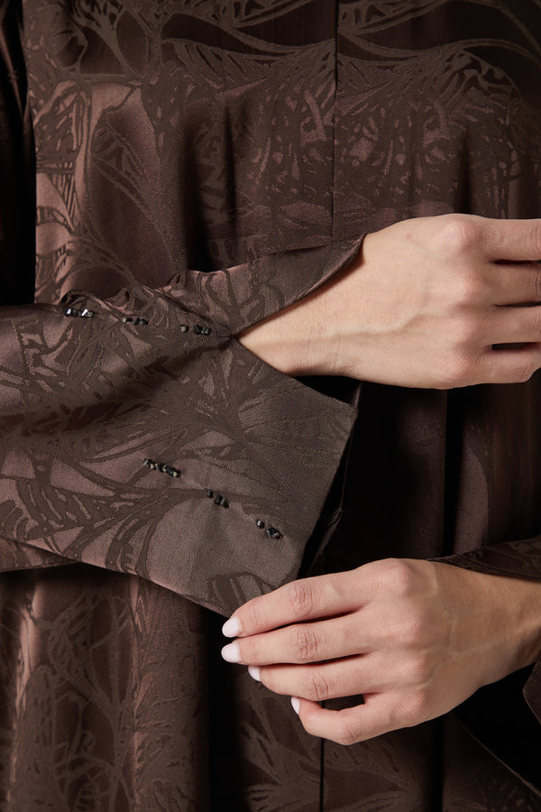 Brown shaina jacquard Abaya, Front Beadwork Detail