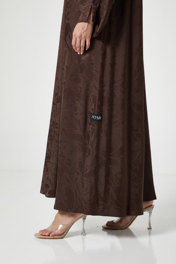 Brown shaina jacquard Abaya, Front Beadwork Detail