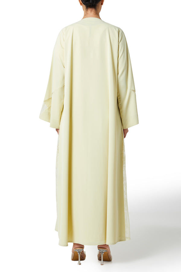Yellow Bolonia Crepe Abaya, Lace Detail