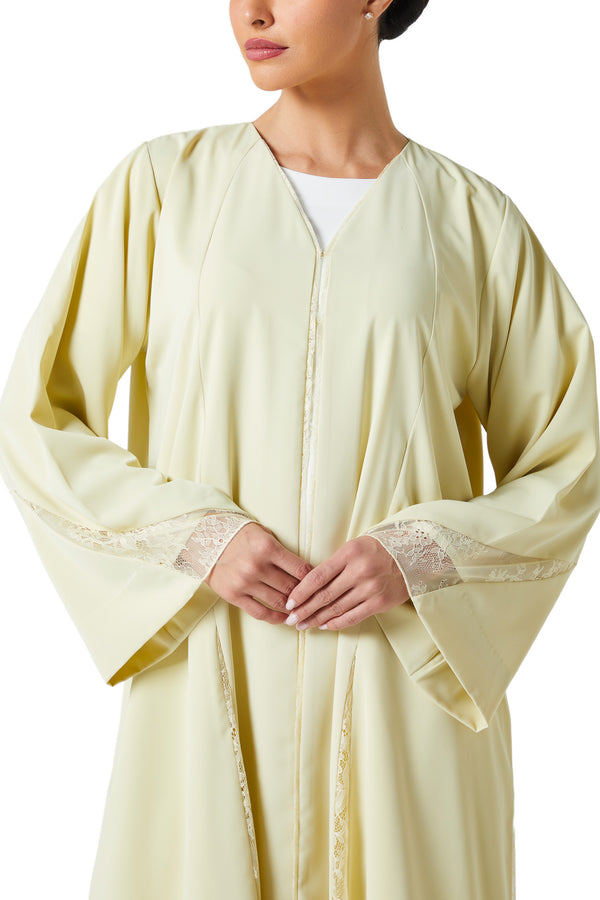 Yellow Bolonia Crepe Abaya, Lace Detail