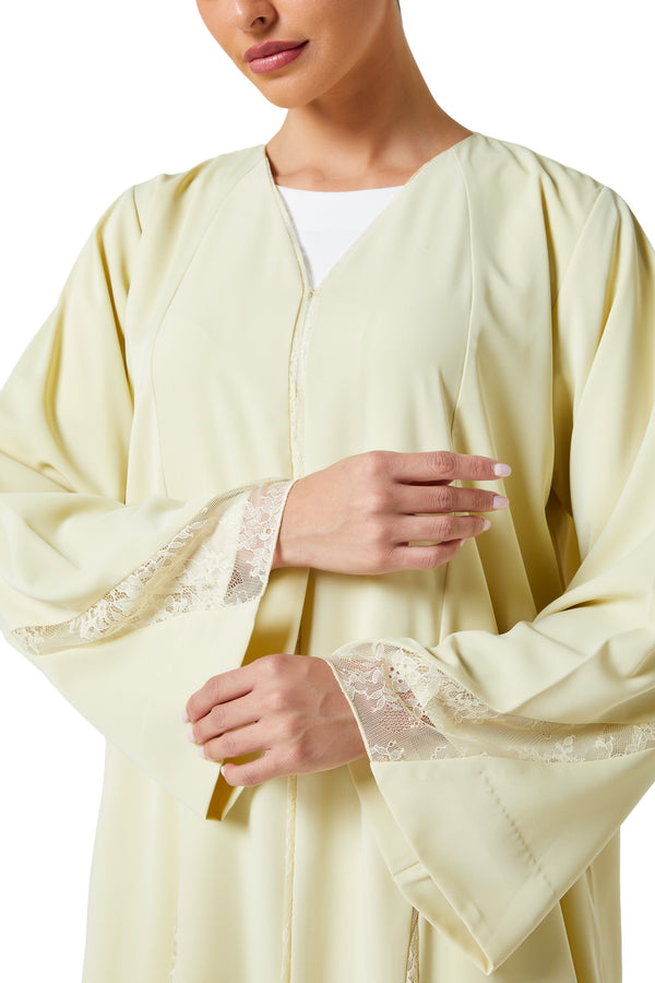 Yellow Bolonia Crepe Abaya, Lace Detail