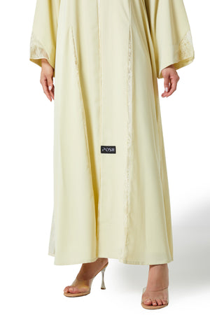 Yellow Bolonia Crepe Abaya, Lace Detail