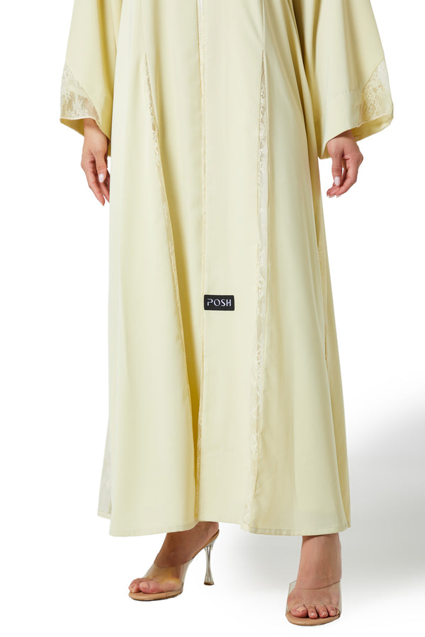 Yellow Bolonia Crepe Abaya, Lace Detail