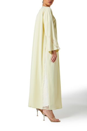 Yellow Bolonia Crepe Abaya, Lace Detail