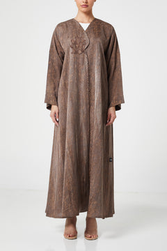 Brown flora jaquard Abaya, Front Embroidery Detail