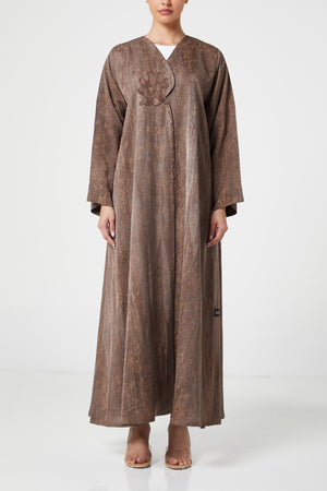 Brown flora jaquard Abaya, Front Embroidery Detail